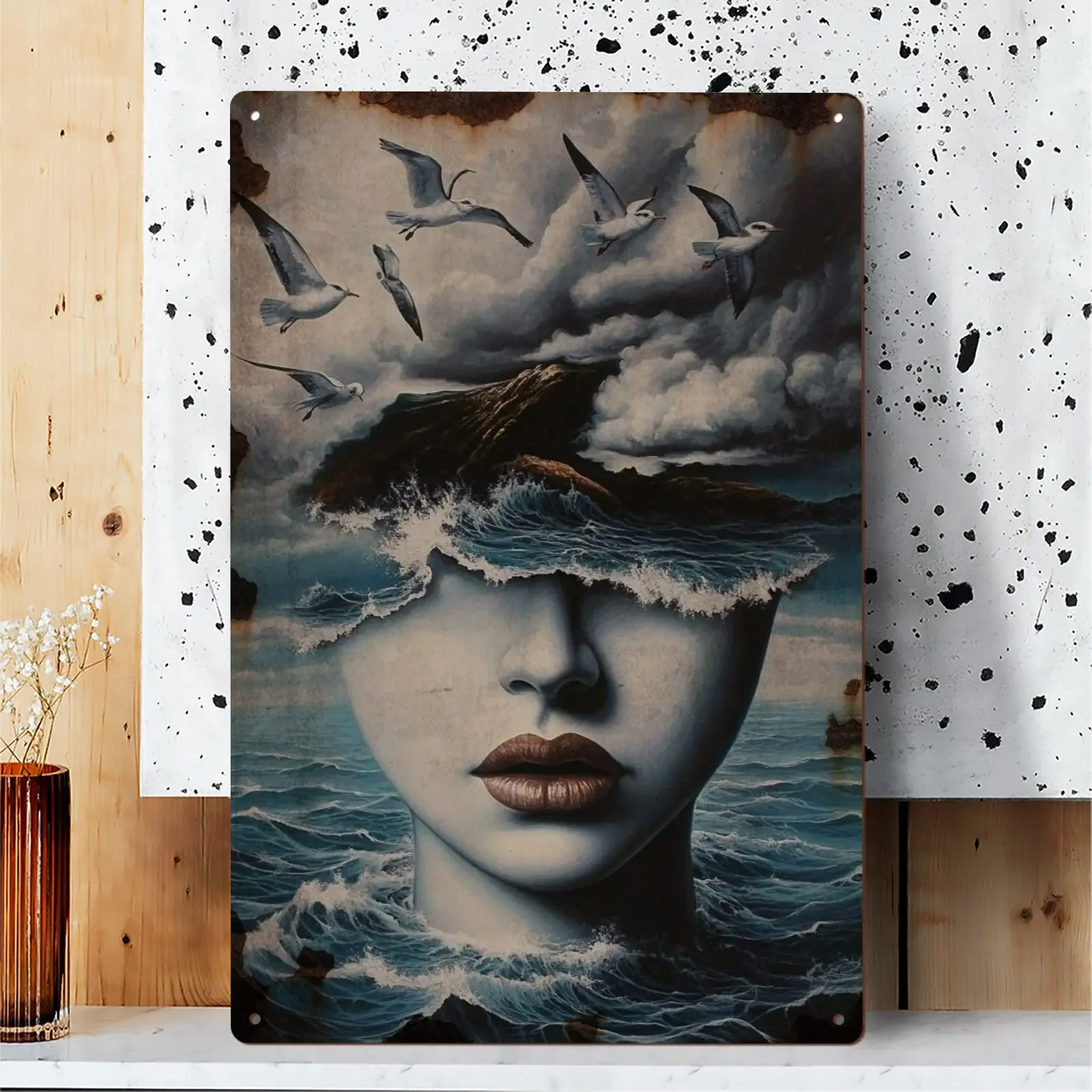 Panneau metallique en étain de Style Rafal Olbinski، 1 قطعة، جدارية فنية ملهمة d'artiste polonais surréiste، clé grecque V