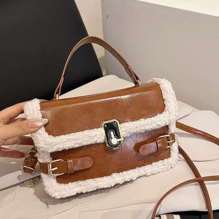 

Women's New Fall Winter Bag - Faux Shearling Paneled Lock Closure Small Square Trendy Shoulder Crossbody Bag
