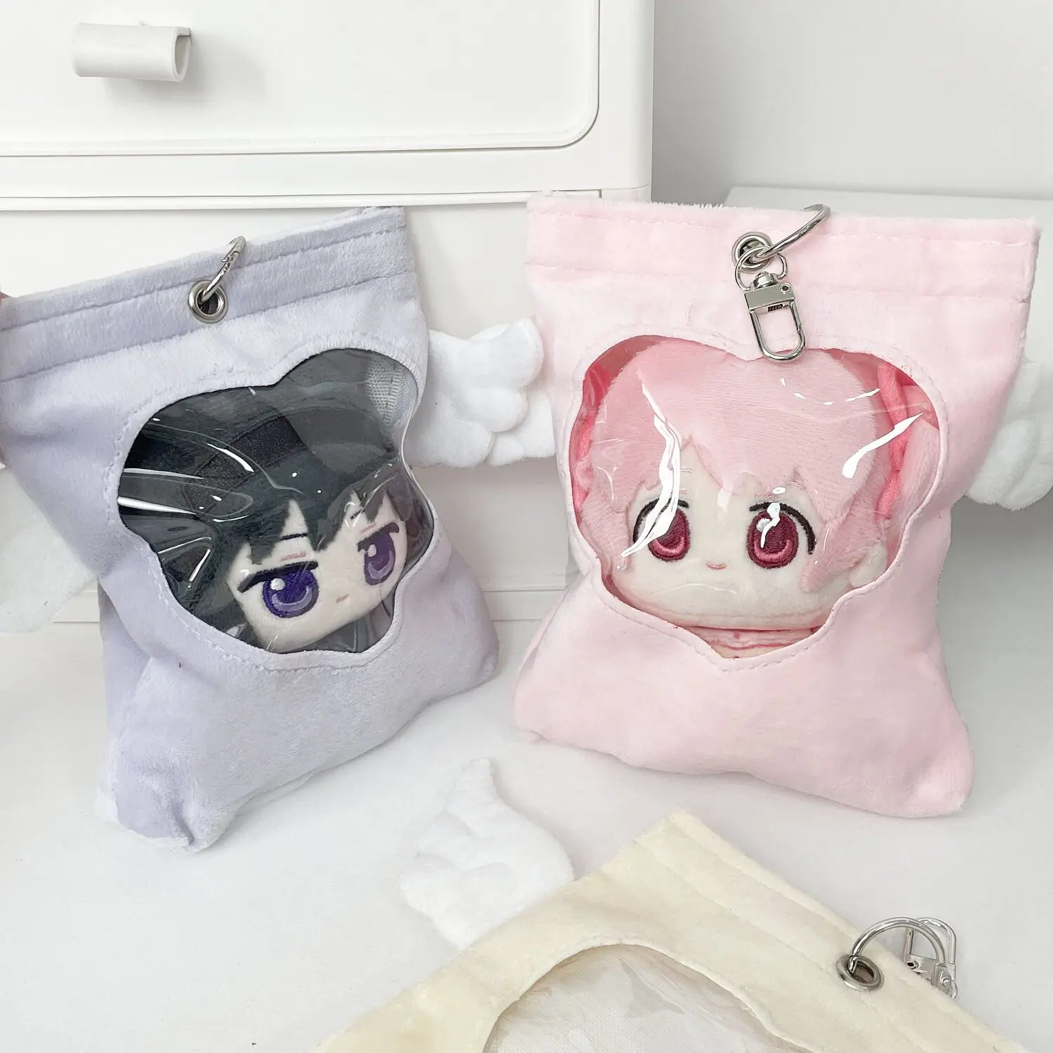 Flying Angel 10-13cm Plushie Display Ita Bag, Kawaii Wing Storage Pouch with Heart Clear Window, for Anime Kpop Merch Decoration