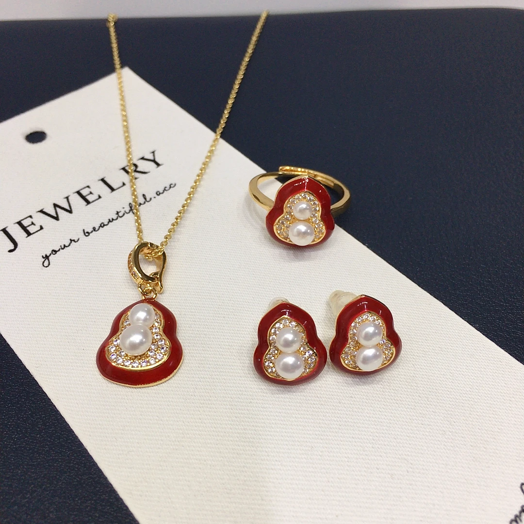 

ZHBORUINI 3-6mm Double Pearl Freshwater Pearl Jewelry Set Earrings Rings Pendants Calabash Chinese Style Zircon Fashion Gifts