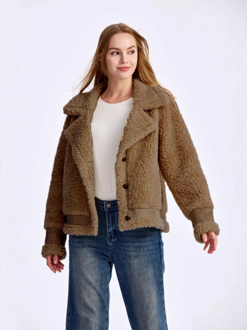 Women's Khaki Faux Shearling Jacket Notch Collar Button Front Ribbed Hem Cuff Long Sleeve Vegan Fur Coat Casual Date Winter