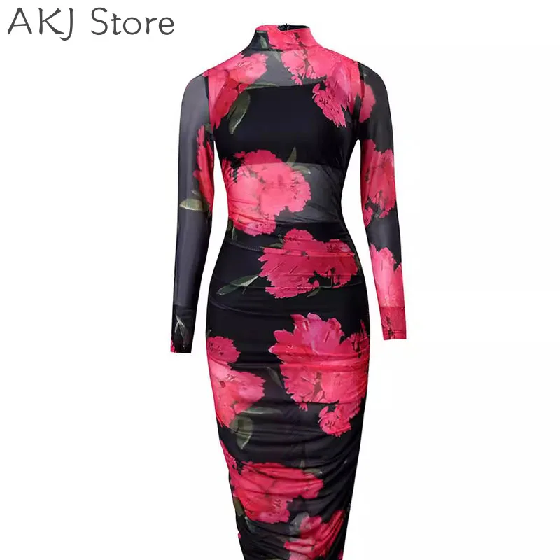 Women Sexy See Through Sheer Mesh Flower Print Long Sleeve Midi Dress 3pcs Set