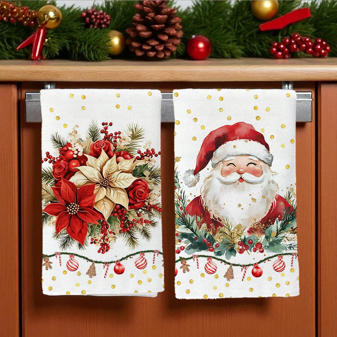 

2pcs Santa Claus Christmas Wreath Kitchen Dish Towels Bathroom Drying Cleaning Cloth Navidad Natal New Year Gift Home Decoration