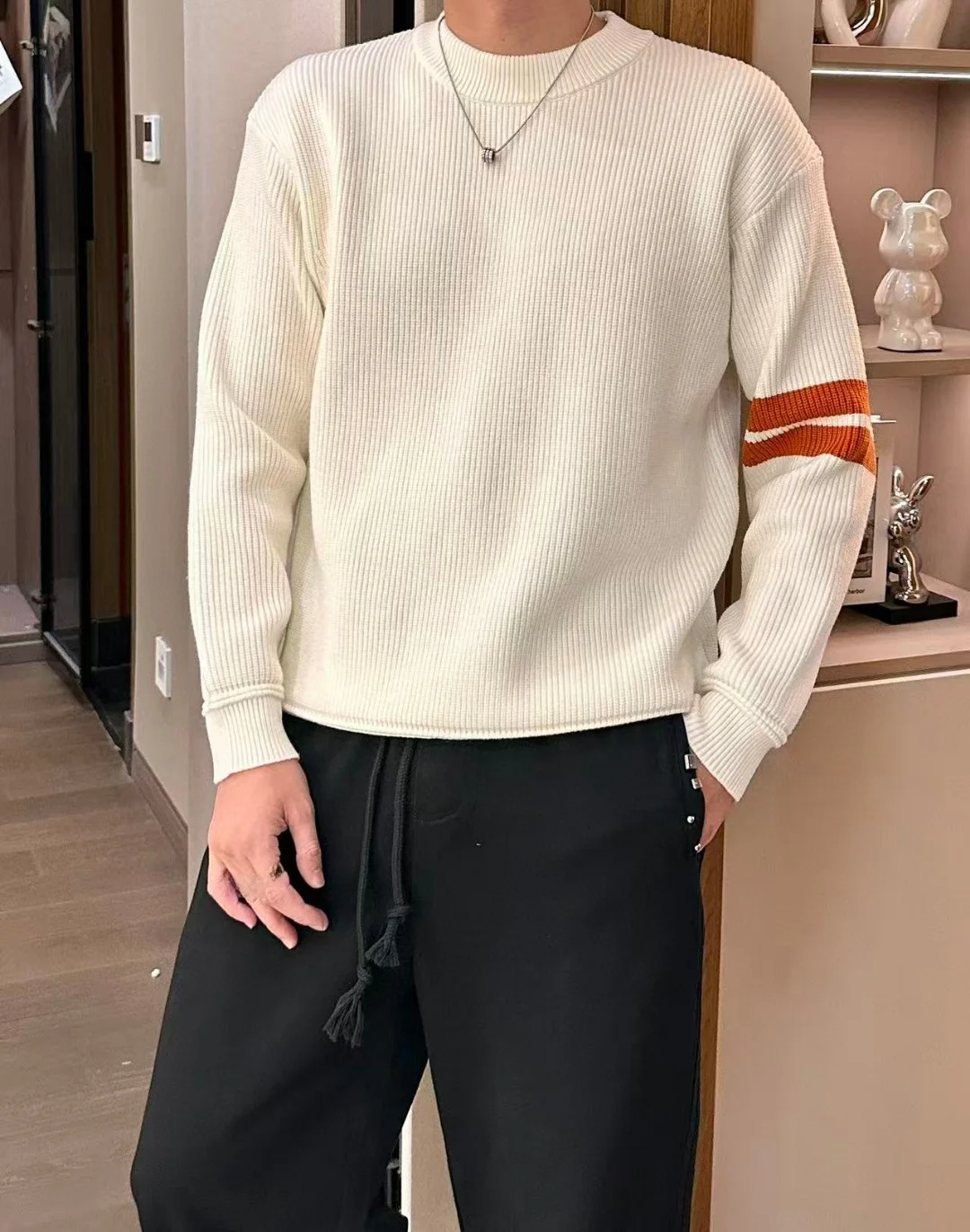 

Italian Sle Men's Knitted Sweater round Ne Thiened Wool Arm Stripe Autumn Winter New Arrival Casual Loose Fit Faionable