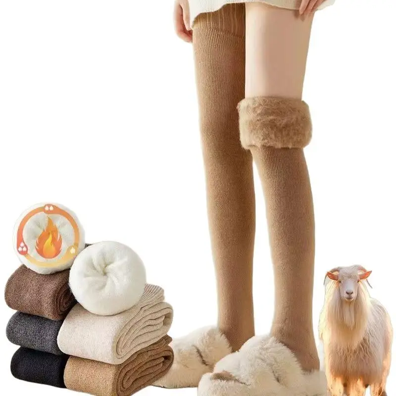 

Winter Warm Fleece-Lined Long Socks Women Solid Color Thigh-High Stocking Thicken Tights Elastic Velvet Fluffy Warm Knee Socks