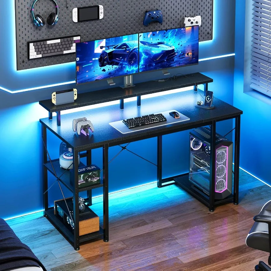مكتب ألعاب مقاس 48 بوصة مع مكتب كمبيوتر بإضاءة LED مع حامل شاشة وطاولة كمبيوتر مع حامل وحدة المعالجة المركزية باللون الأسود العميق #2
