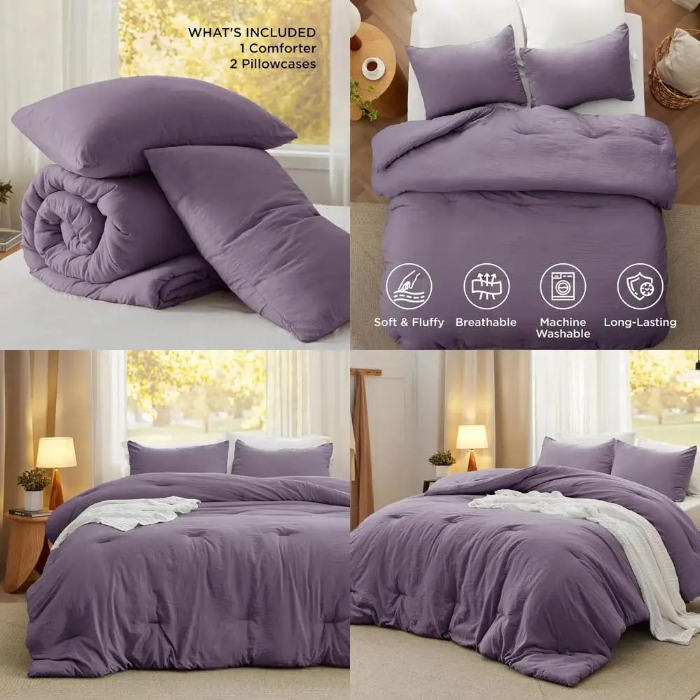 

3-Piece Prewashed Grayish Pleated Bedding Set: Lightweight Comforter & 2 Pillowcases