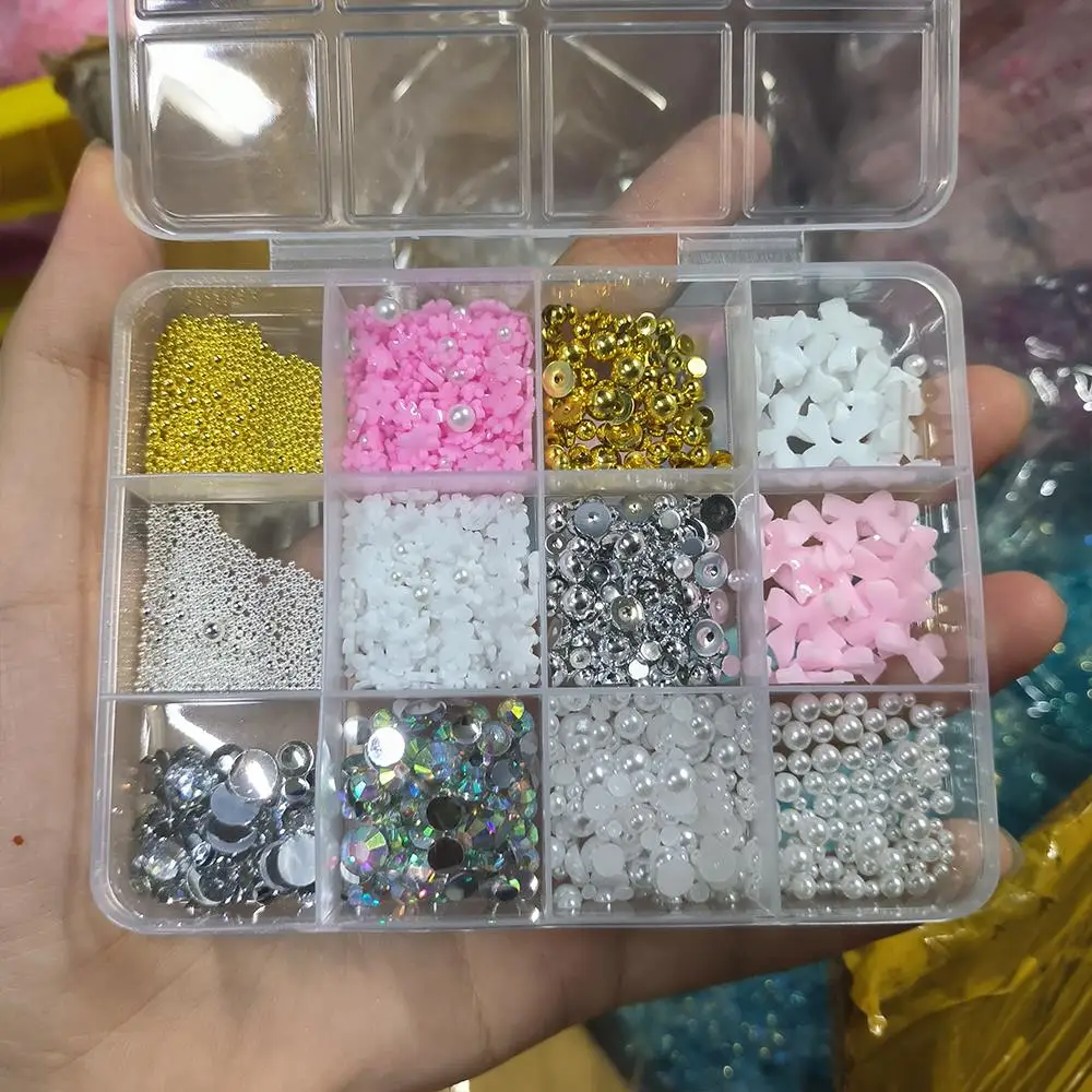 12 griglie 3D acrilico fiore arco lecca-lecca pendenti per unghie simulazione perla cuore/stella decorazioni per unghie accessori per unghie in resina fai da te