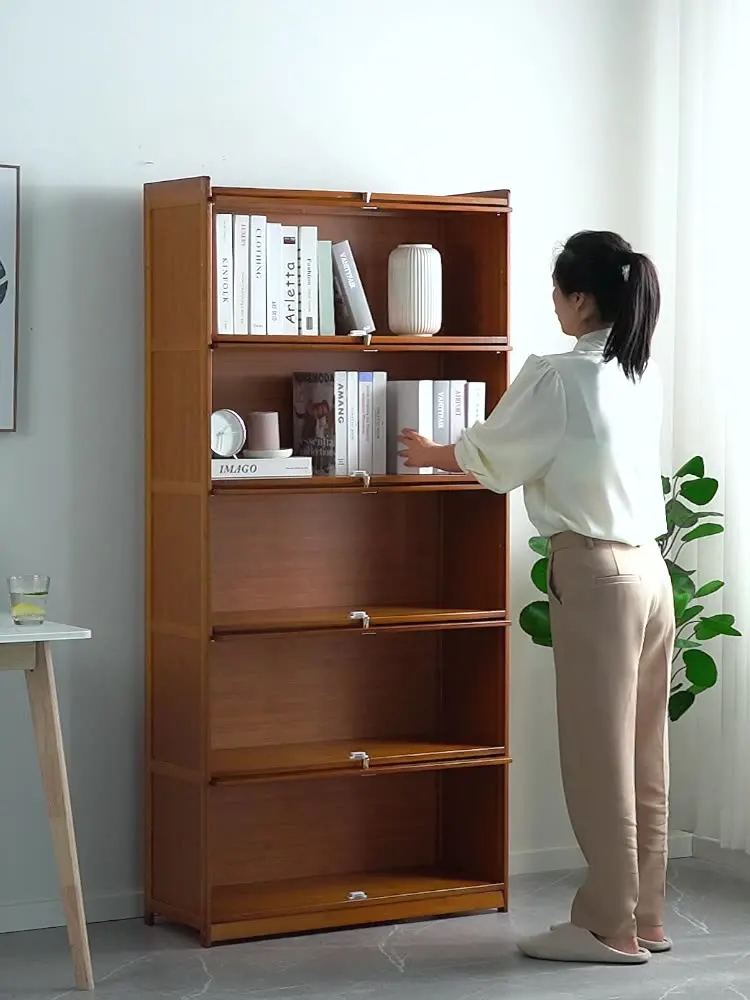 Modern Bamboo Bookshelf Storage Cabinet with Flip Doors 4/5/6 Tier Bookcase for Living Room Bedroom Office image 2