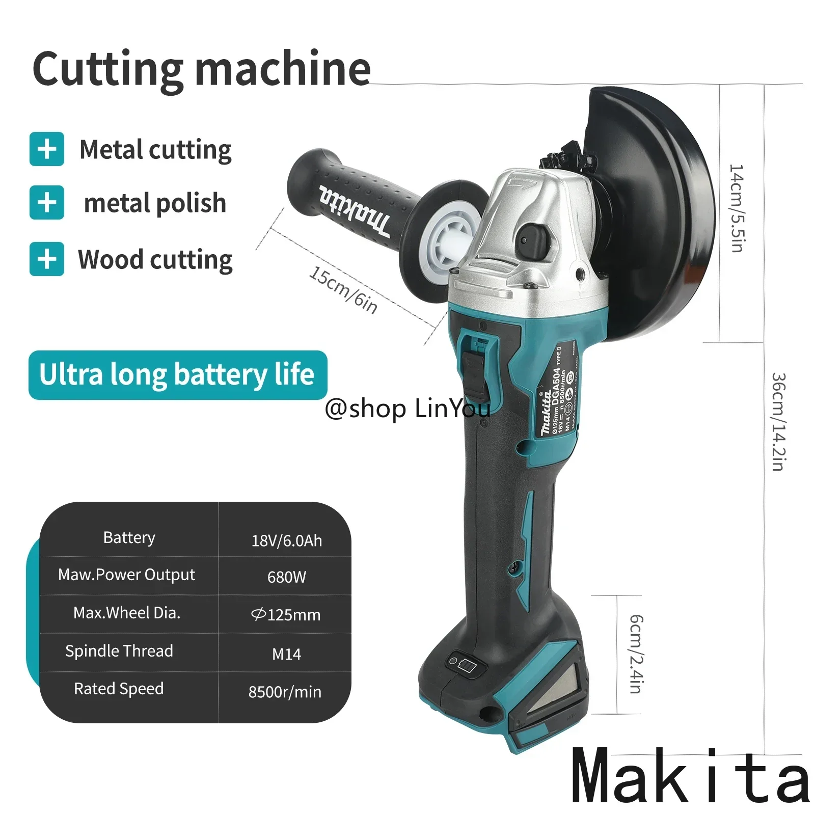 Makita DGA504 18V 6.0Ah 125mm mesin gerinda sudut multi-guna tanpa baterai dan charger