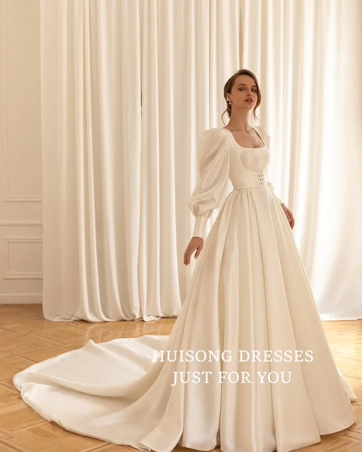 

HUISONG Customized Simple Satin Wedding Dresses Long Sleeves A-Line Beach Bridal Gown vestidos de novia