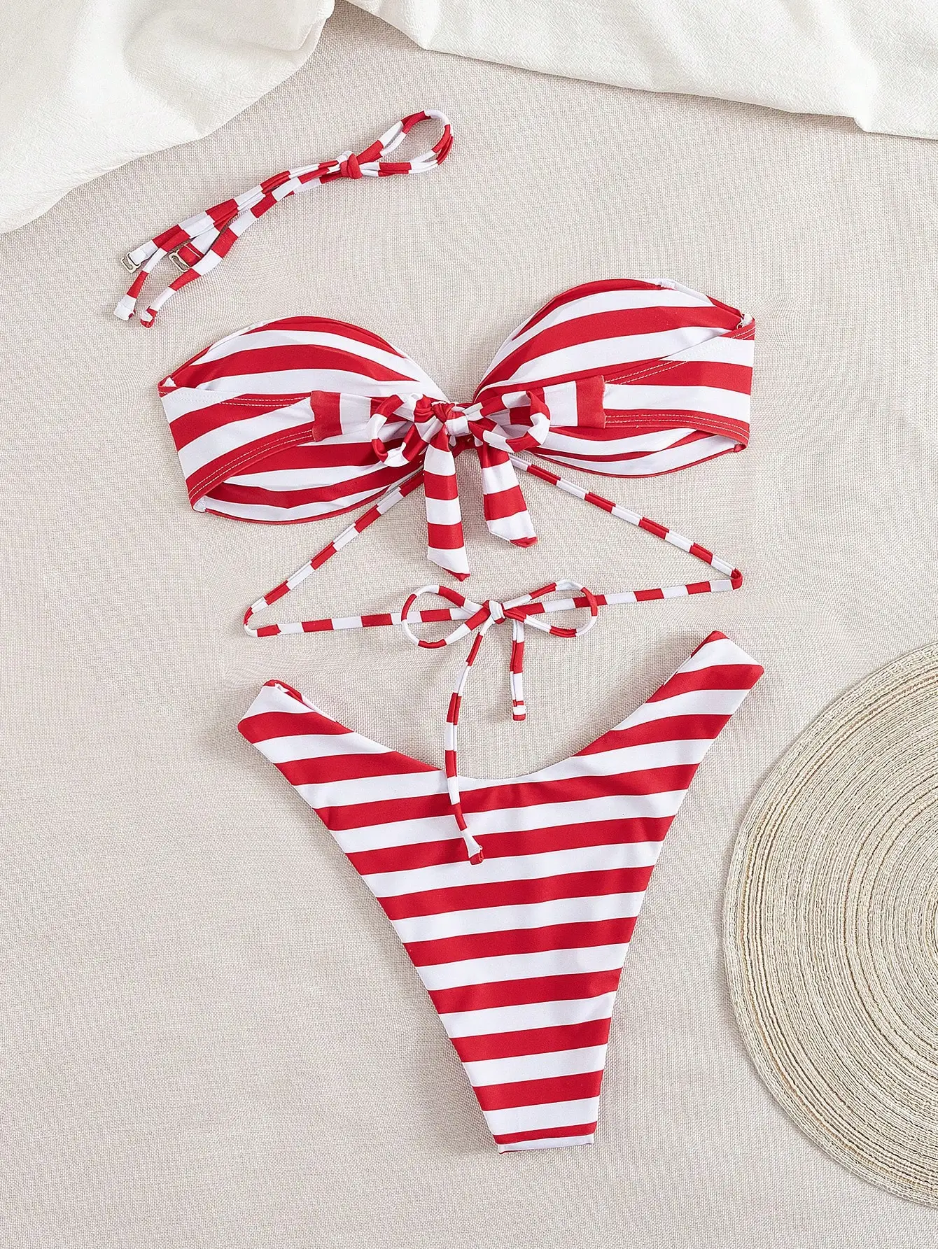 

Red And White Striped Bikini Set Bandeau Top High Cut Bottom