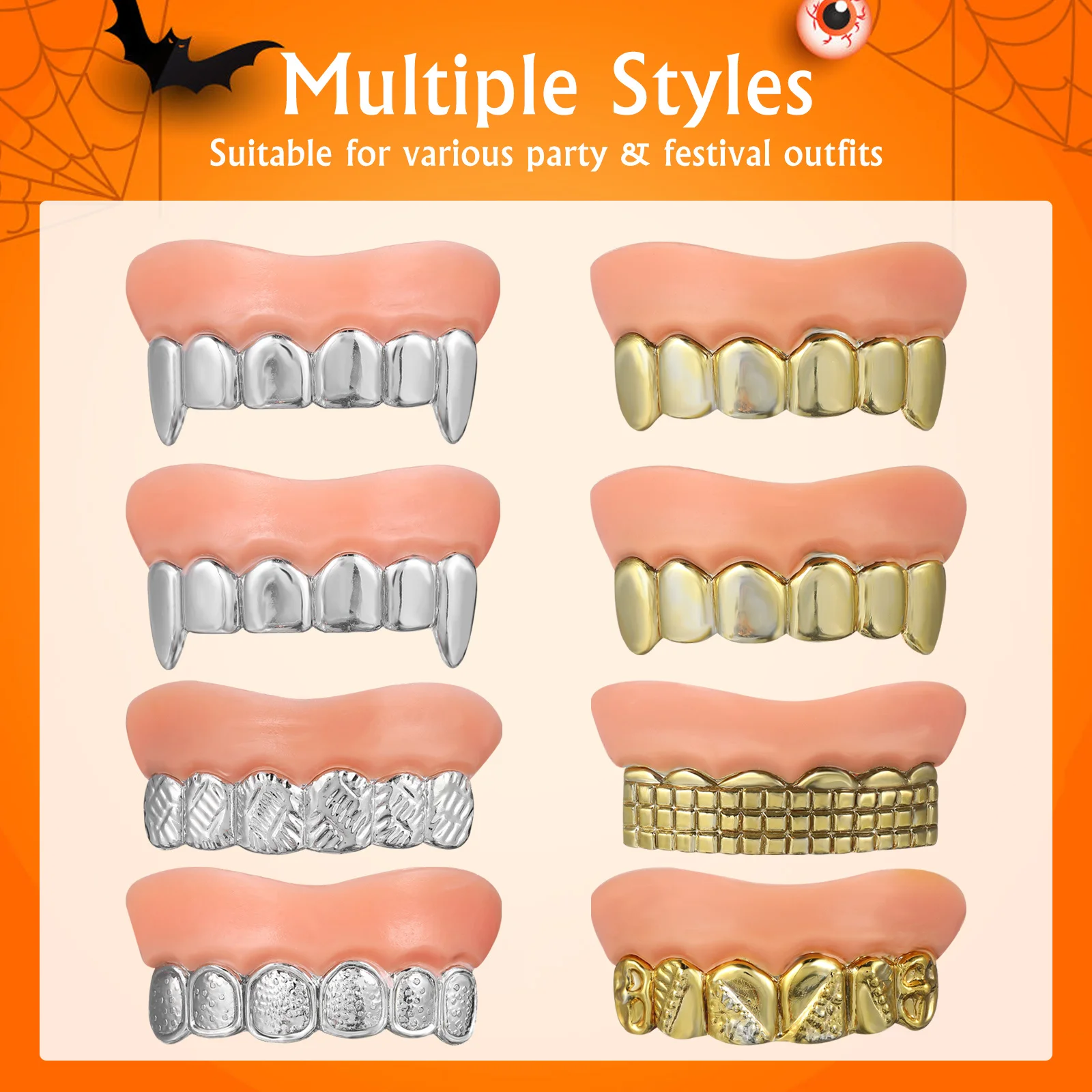 ハロウィン用偽歯8個セット、シミュレーションゾンビ義歯、金銀メッキ吸血鬼の牙、コスチュームアクセサリー、パーティー用