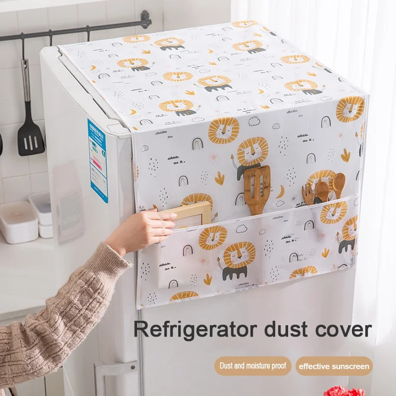 PEVA Refridgerator Cover Household Fridge Cloth Case Dust-proof Waterproof Oil Free Drape with Storage Pocket for Home Kitchen