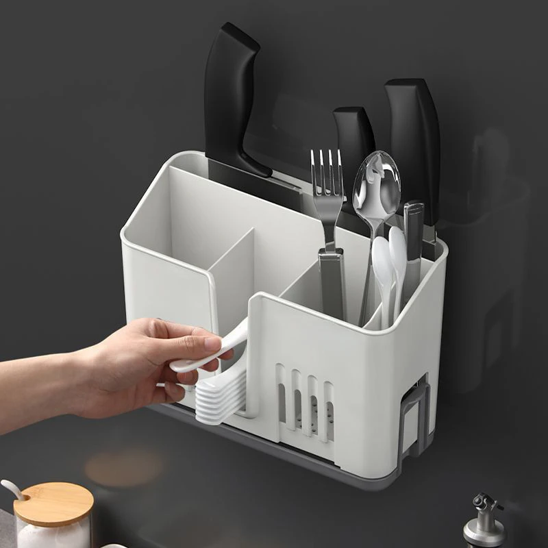 Kitchen Space-Saving Punching-Free Wall-mounted Drainage  Rack With 4 Compartment And Drainer Box, For Stoting Chopsticks, , Spo