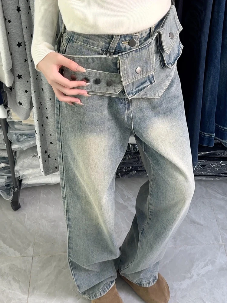 

Retro American Washed Light Denim Jeans Women's Loose Slim Straight Leg Floor-Length Pants High Waist Pocket Soft Denim