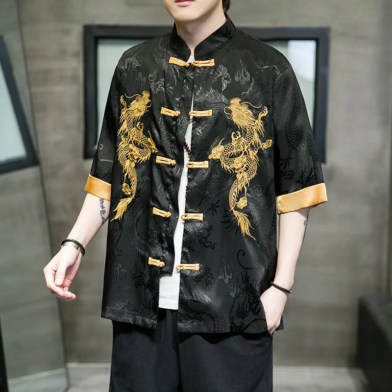 

Summer Chinese Traditional Dress Plus Size High Quality Dragon Embroidery Shirt Men Clothing Short Sleeve Vintage Tops