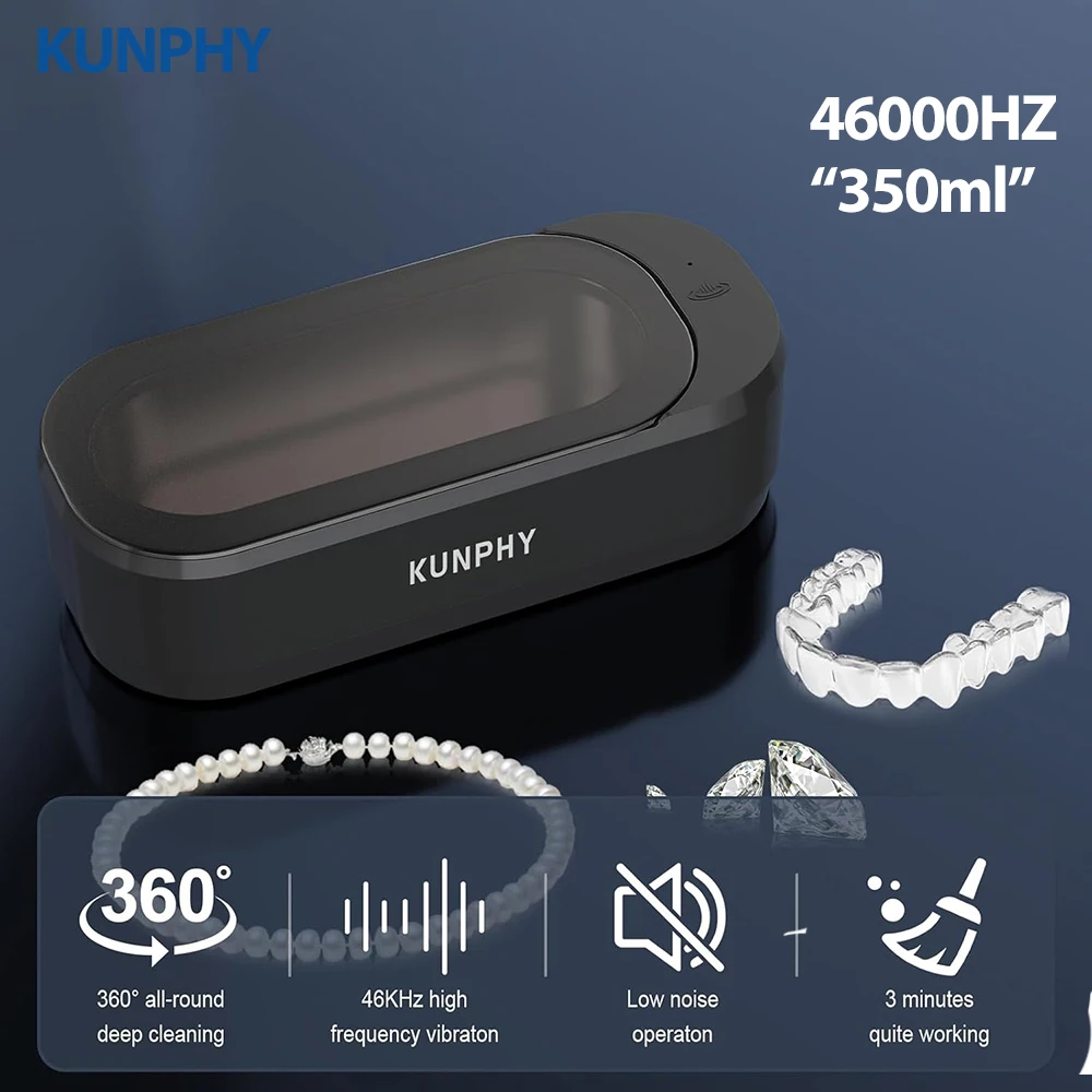 KUNPHY 46kHz Stainless Steel 360° Deep Cleaning Machine 12oz Multi-function Ultrasonic Jewelry Cleaner For Glasses Watches Sonic