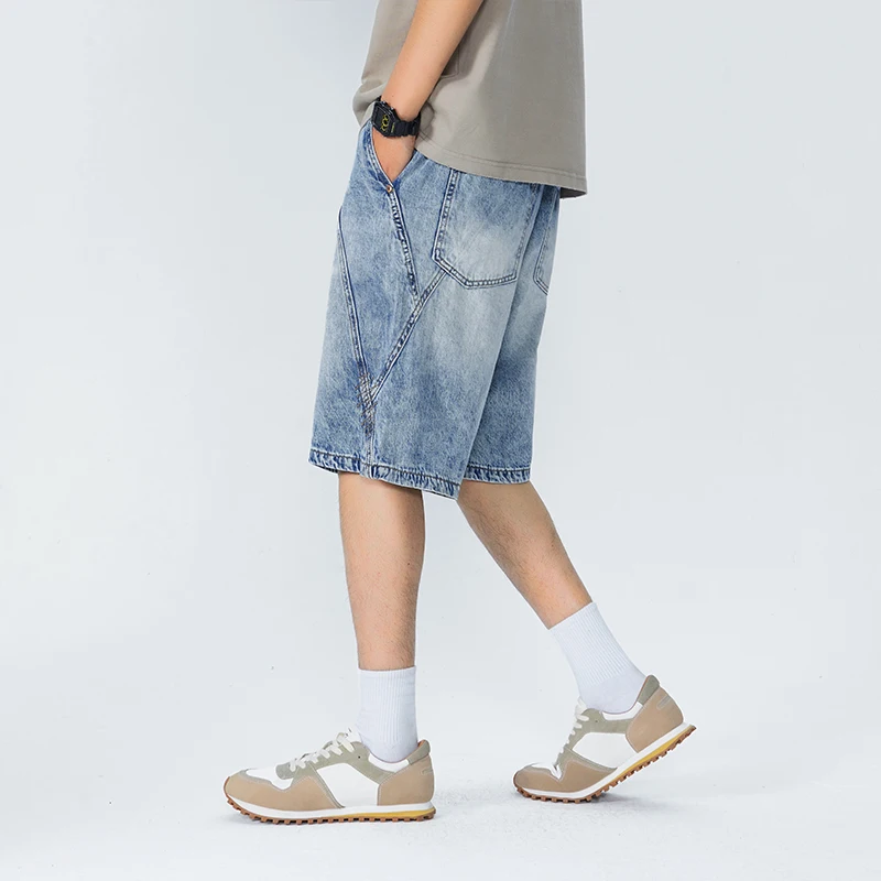 

XY9940 Summer new denim shorts men loose straight thin section elastic waist drawstring ice silk casual shorts