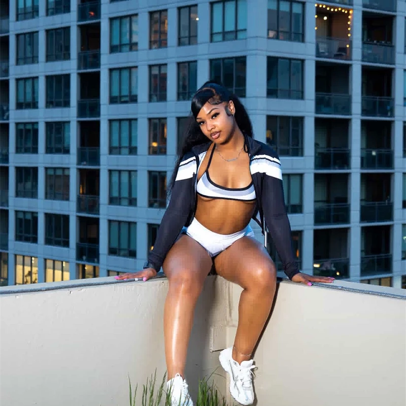 Set da 3 pezzi Weird Puss Stampa colorata Tuta da donna Casual Zip Crop Top + Reggiseno + Pantaloncini con cerniera Abiti elasticizzati da strada abbinati