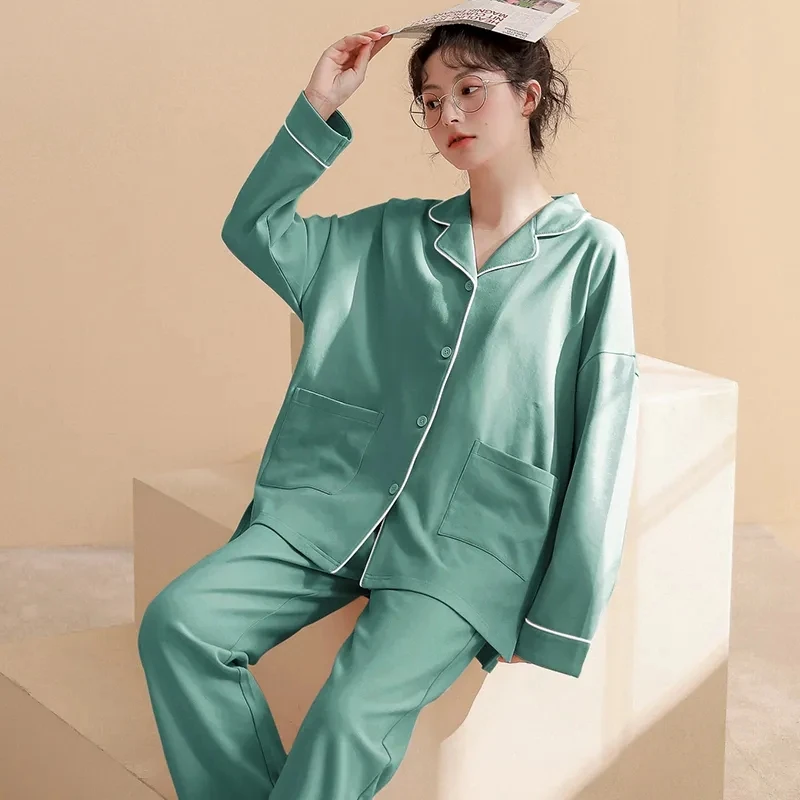Cotton Women Cotton Pajamas Set for Women Autumn Long Sleeve Pyjama Sleepwear Homewear Loungewear Solid Color Pijama
