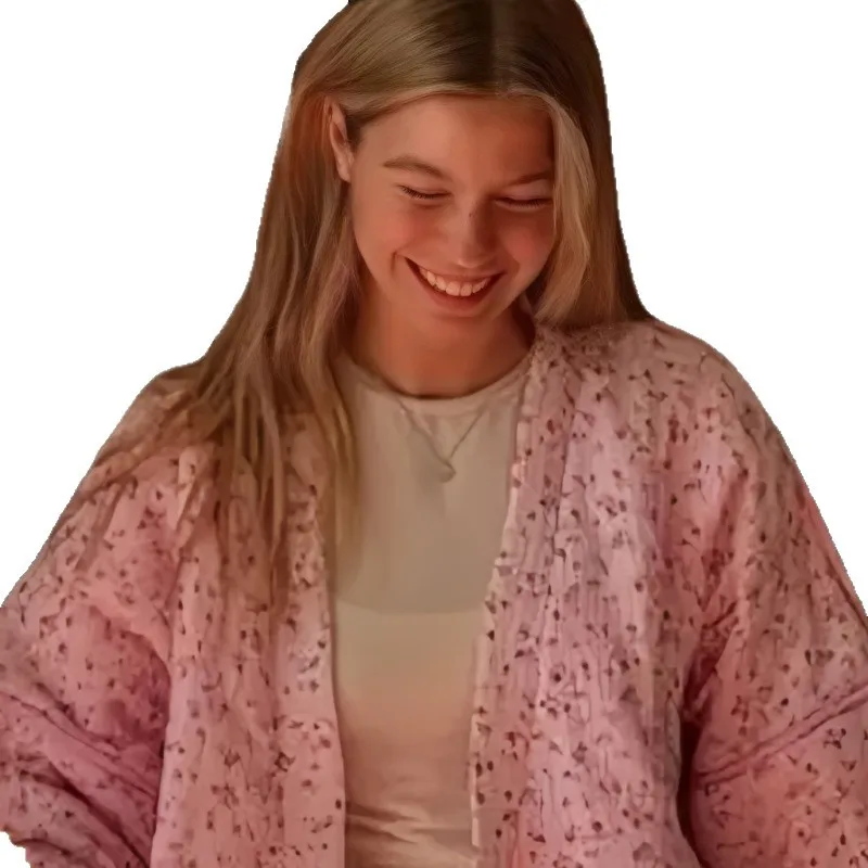 Fall/Winter 2025 Fashion Pink Sweet Floral Lace-Up Cotton Jacket V-Neck Flared Sleeve Jacket