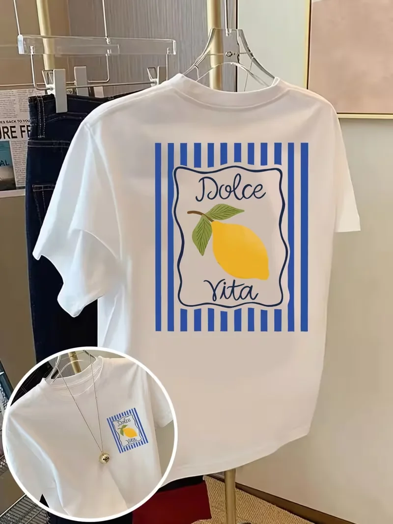 Dolce Vita Lemon Graphic T-Shirt for Women, Front & Back Italian Summer Print, Loose Crew Neck Short Sleeve Daily Casual Top