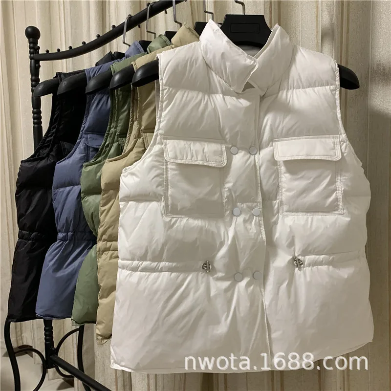 

Down vest Women's short style Autumn and Winter waistband stand collar bread jacket vest White duck down waistcoat women