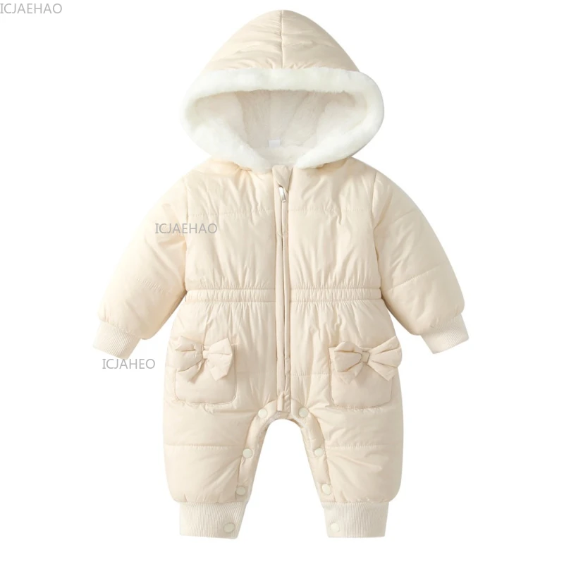 New Children Infant Winter Romper Clothes Fleece Lined Hooded Jumpsuit Bow Trim Warm Padded Outfit Baby Snowsuit Kids Clothing