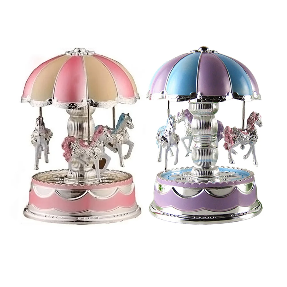 3 Horses Carousel Music Box with Light Luminous Rotation Music Box Rotating Horse Musical Box for Desktop Decoration