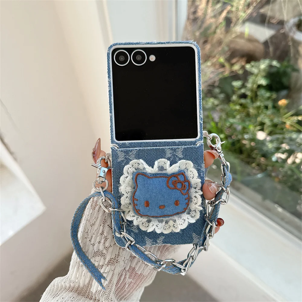 

Kawaii Hellokitty Denim Phone Case for Samsung Galaxy Z Flip7 Flip5 6 flip6 7FE Cover Fashion With Chain Cute Protective Cases