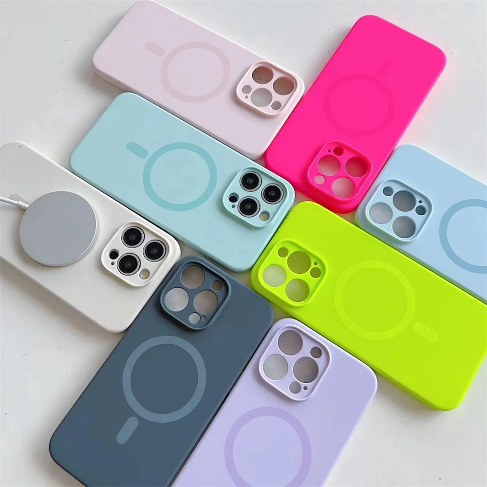 Fashion Bright Fluorescent Liquid Silicone Magnetic for Magsafe Case For iPhone 15 14 13 Pro Max Wireless Charging Candy Cover