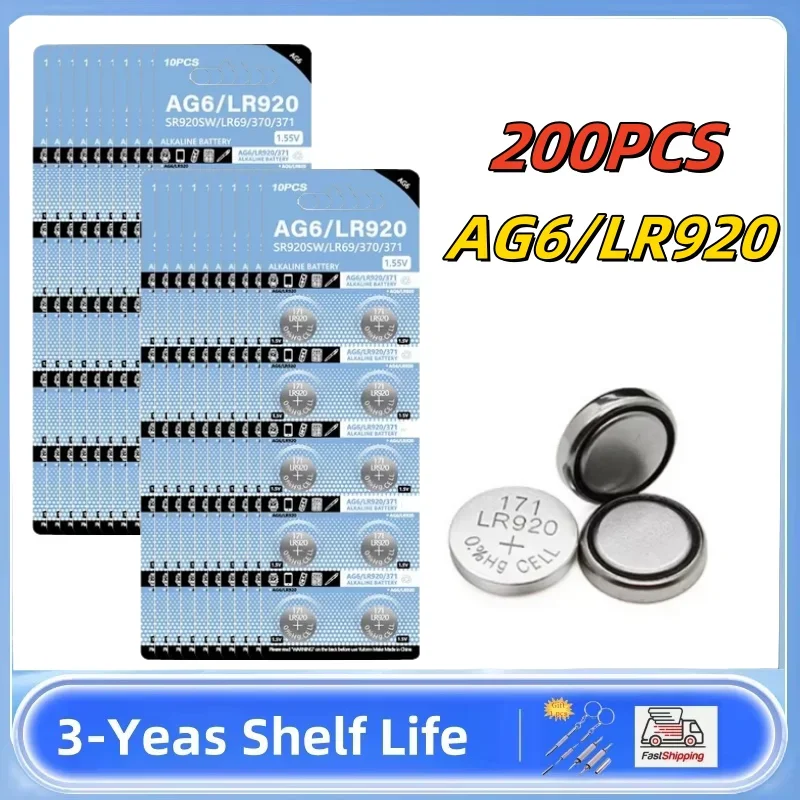 

200PCS 1.55V Coin Battery AG6 371 SR920SW LR920 SR927 171 370 L921 LR69 SR920 Button Batteries For Watch Toys Remote Button Cell