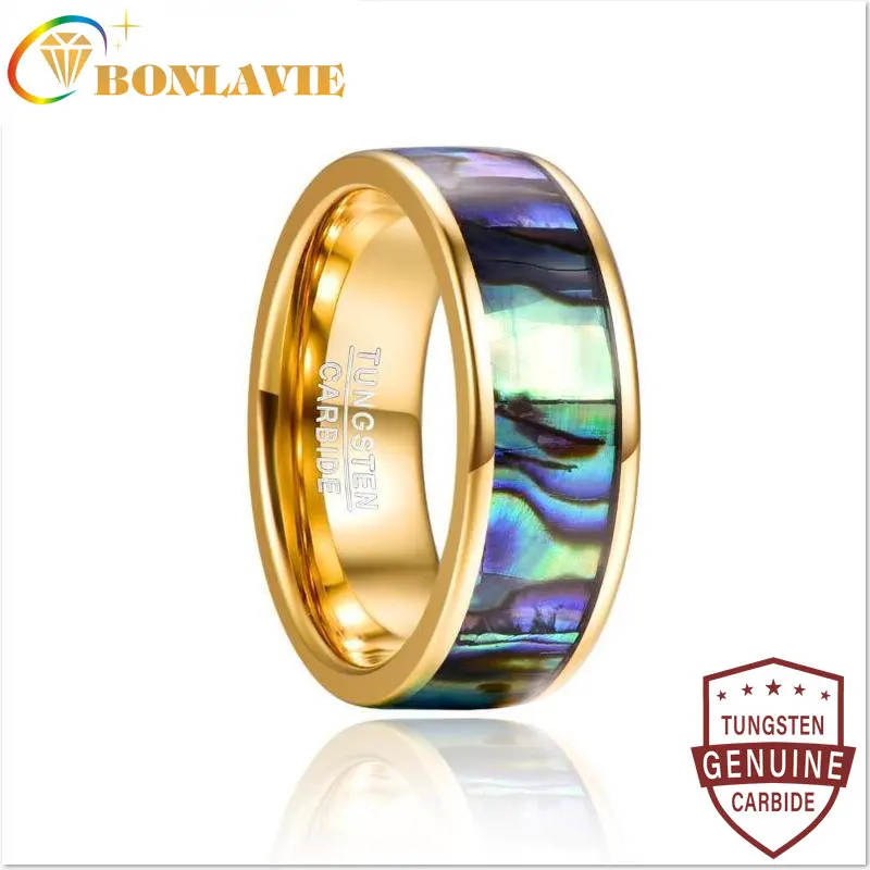 BONLAVIE 8mm Wide Tungsten Carbide Ring Electroplated Gold Color Inlaid Shell Tungsten Steel Ring Size 7-12