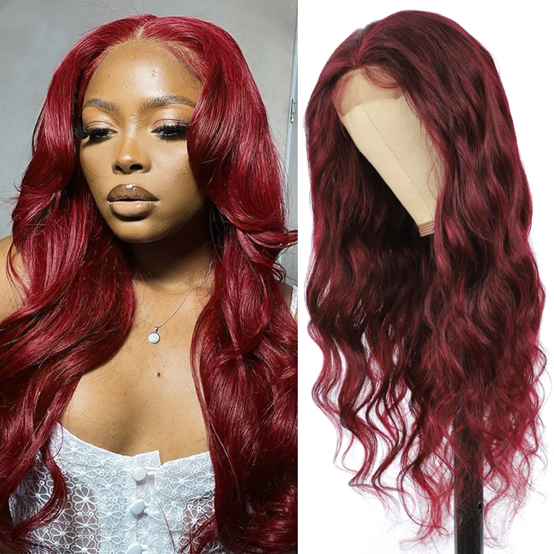 4X4 Wig Rambut Manusia Penutupan Renda 99J/Burgundy Wig Renda Gelombang Tubuh Berwarna Telah Ditanami Wig Rambut Remy Brasil Kepadatan 150%