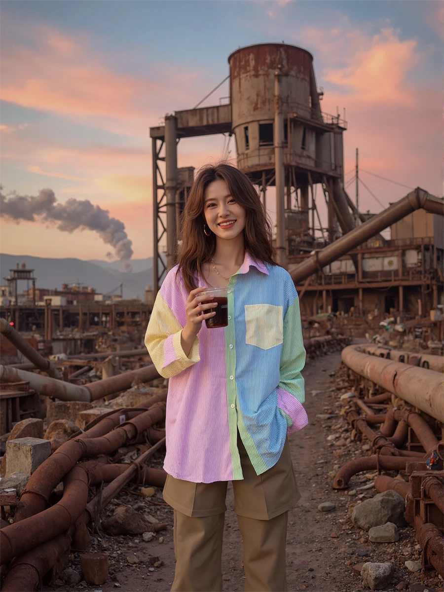 

Casual Women’s Candy Color Shirt with Striped Patchwork Lightweight Fabric and Long Sleeves for Youthful Korean Streetwear