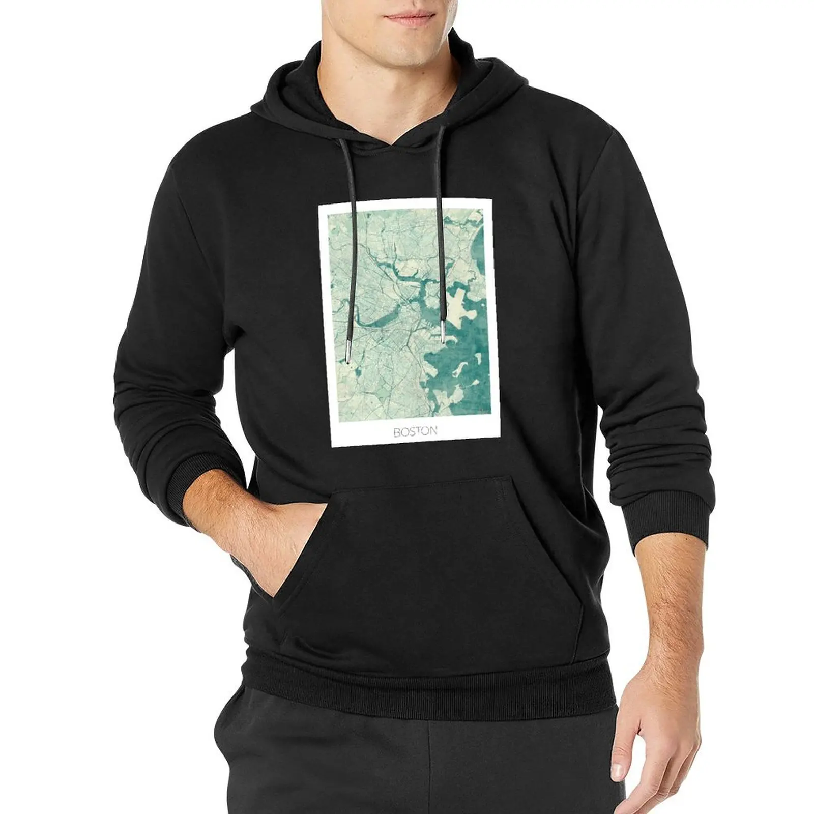 Boston Map Blue Vintage Pullover Hoodie korean autumn clothes men clothes men's hoodie sweatshirt