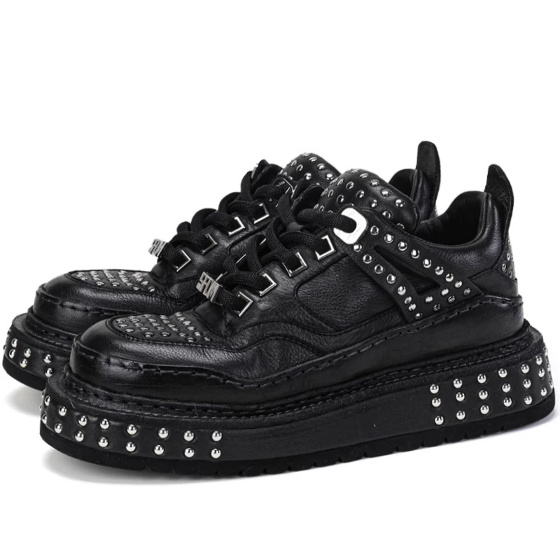 Horsehide Handmade Retro Board Shoes Men's Rivet Design European/America Horse Leather Casual Thick Sole Height Increasing Shoes