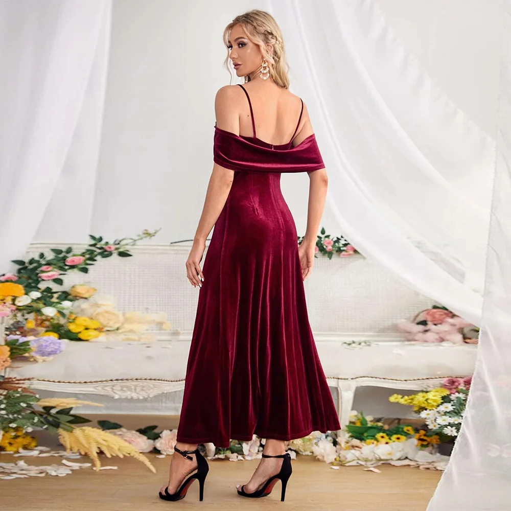 Neues Damen Dinner Split Samt Kleid mit einem Schulter Hosenträger Temperament vielseitiges Kleid