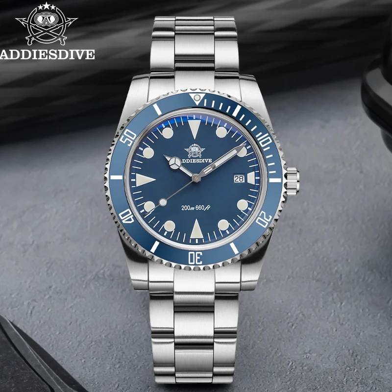 

ADDIESDIVE Fashion Men Diving Watch 2115 Movement 20Bar Ceramic Bezel Quartz Watch Super Blue Luminous Steel Analog Watch AD2068