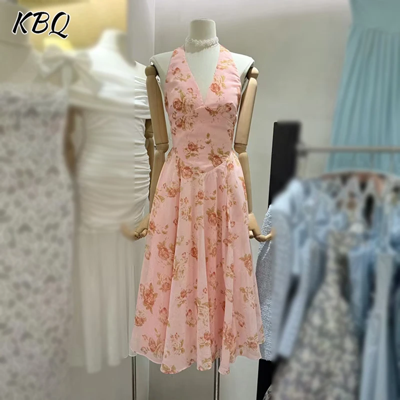 

KBQ Elegant Hit Color Printing Tunic Dresses For Women Halter Sleeveless High Waist Temperament Backless Dress Female Fashion