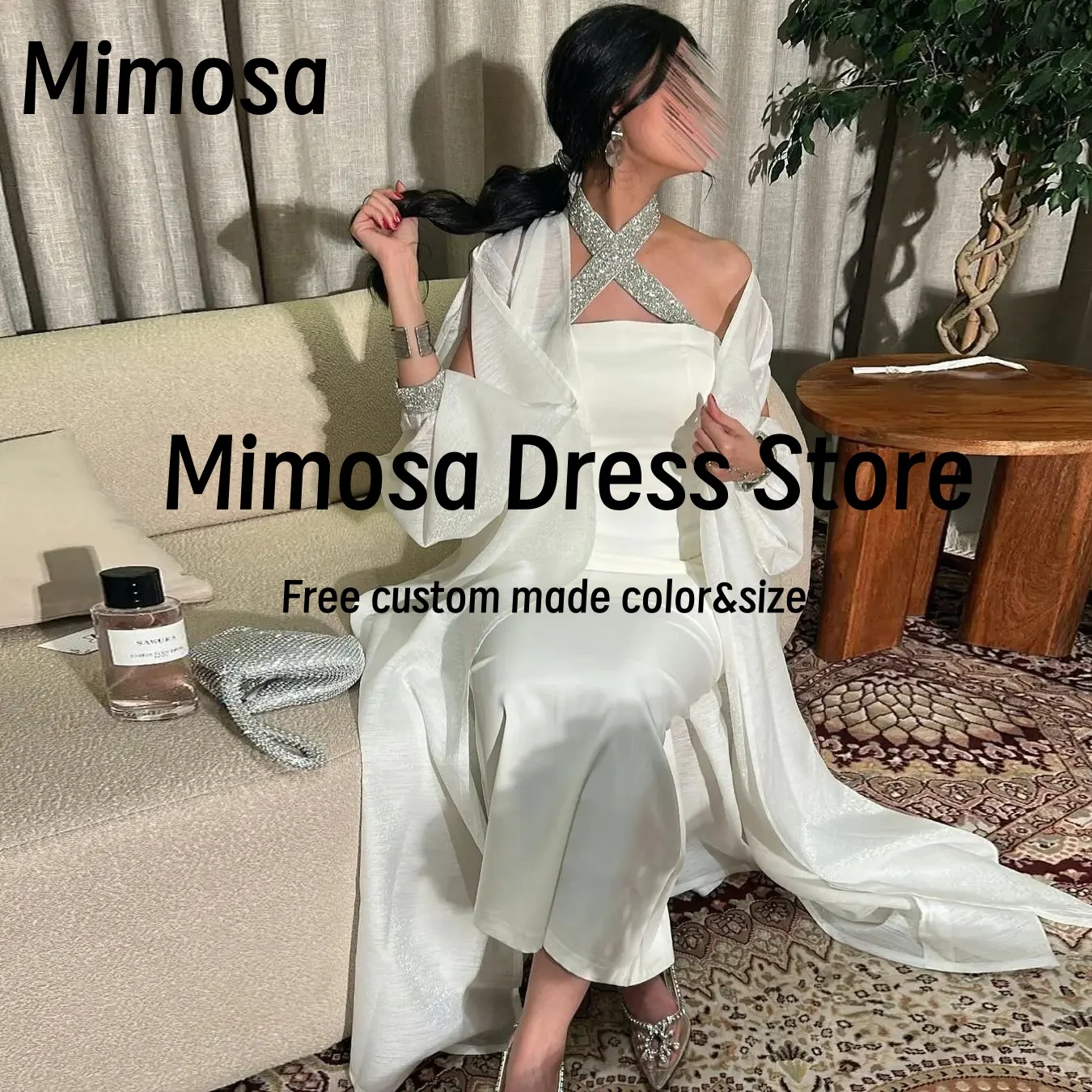 Mimosa Vestidos De Noches Beading Criss Cross Halter Neck Prom Dresses Long Sleeves Dustcoat Evening Gowns Two Pieces Customized