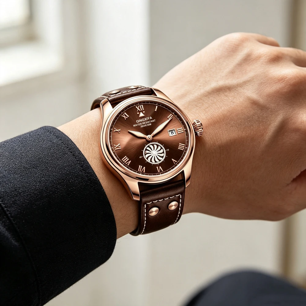 QINGXIYA Marken-Modeuhren für Herren, Turbinen-Sekundenanzeige, Quarzuhr für Männer, Hochwertige Leder-Armbanduhr, Wasserdicht, mit Datumsanzeige – Detail 10
