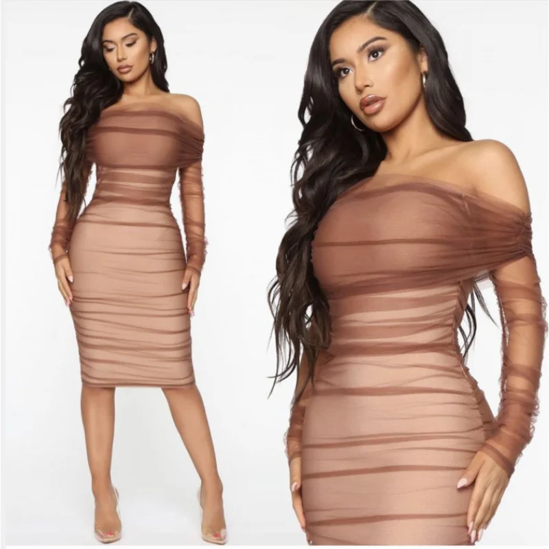 AliExpress black Brown off-neck sexy long sleeve bandage tight dress birthday Banque party dress