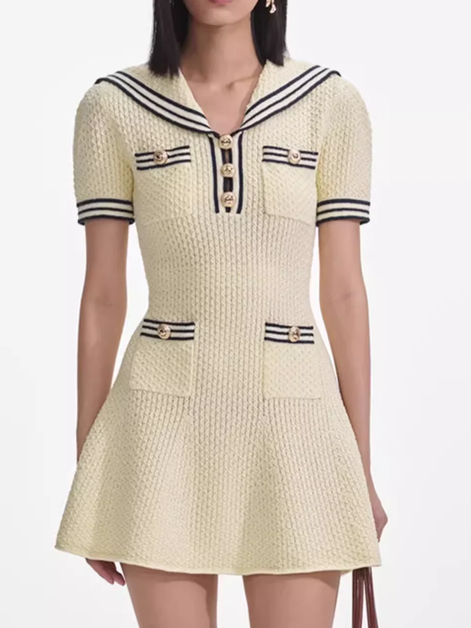 

Yellow or White Female Knitted Dress Sailor Collar Short Sleeve High Waist Fashion Slim Mini Robe