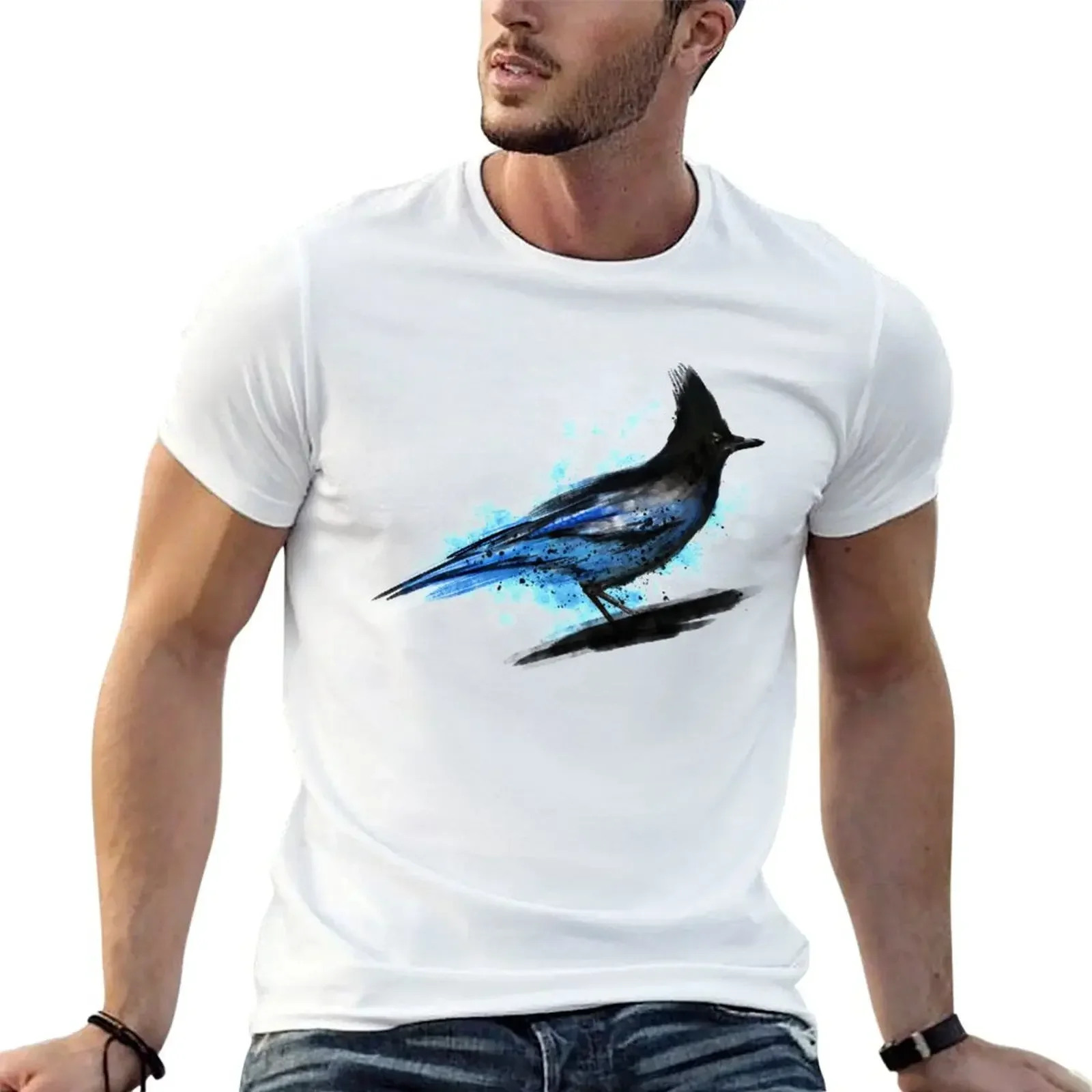 Dramabite Watercolour stellar blue jay bird artistic artsy animal painting T-Shirt cute clothes black t shirts for men