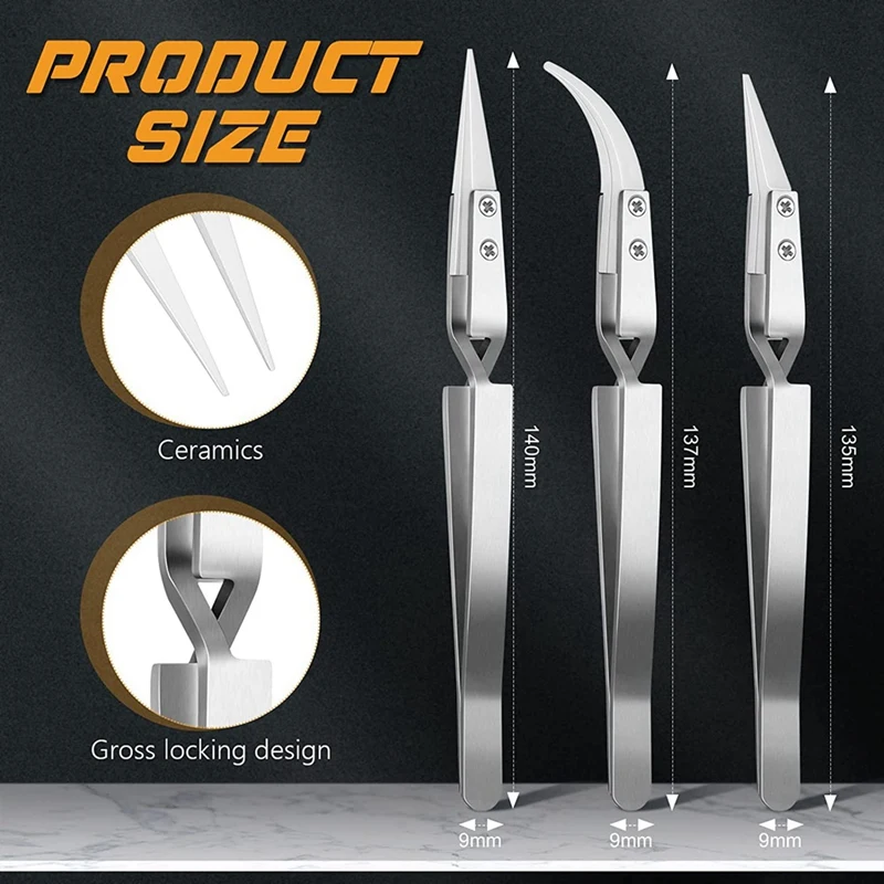 3Pcs Anti-Static Reverse Ceramic Tweezer IC SMD SMT Reverse Tweezers Heat Resistant 1000 Degree Hand Tools