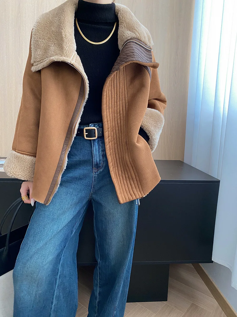 Veste ample et chaude pour femmes, couleur unie, style moto rétro, fausse fourrure, une pièce, revers