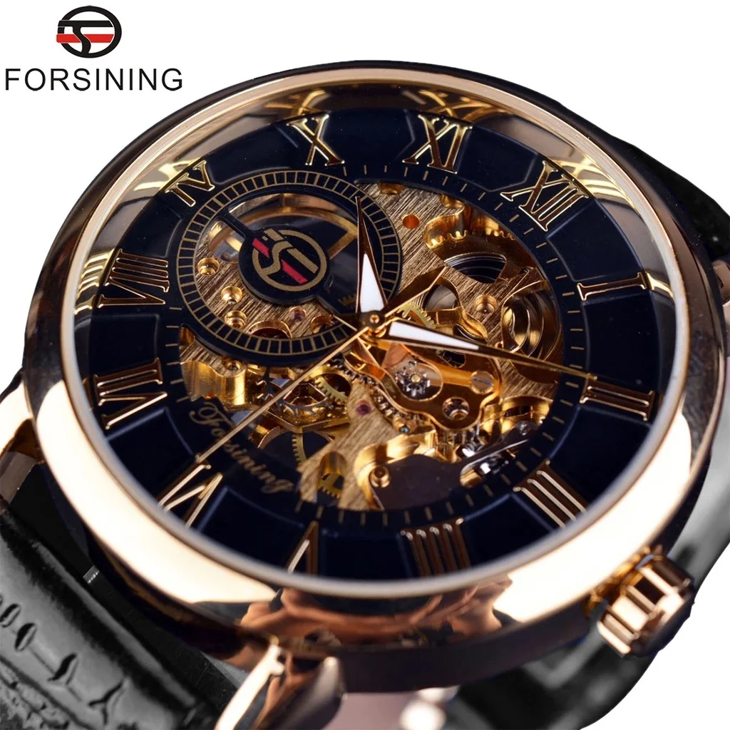 Forsining Men Leather Skeleton Mechanical Watches