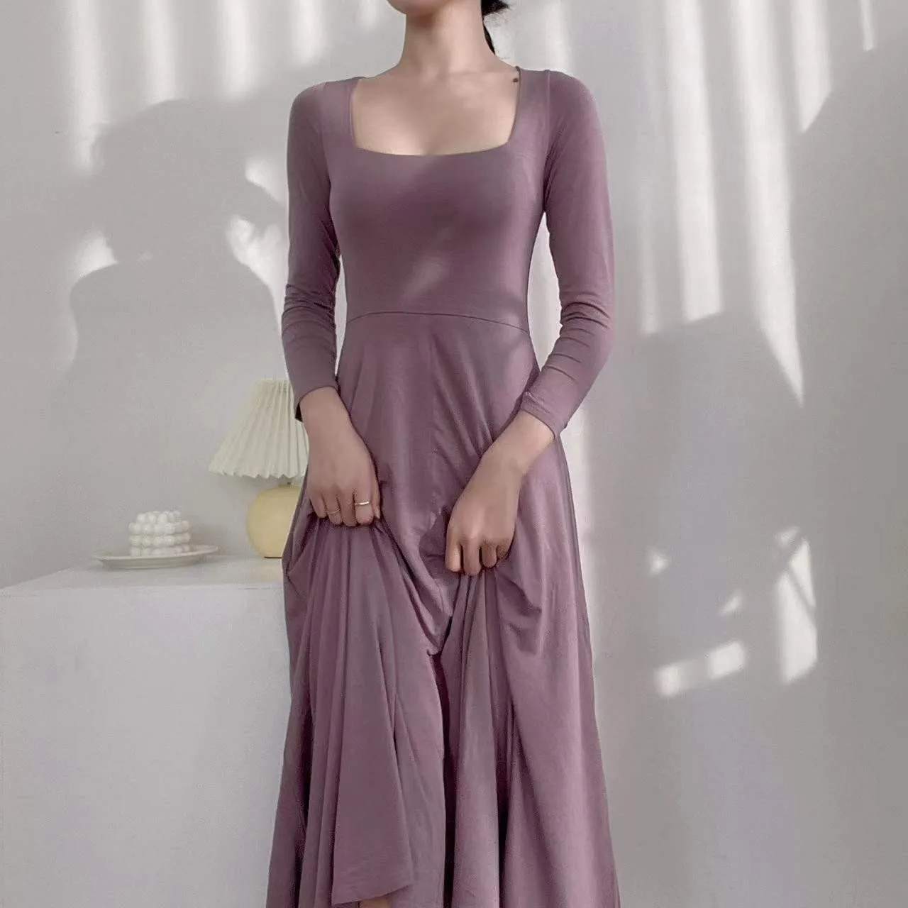 Retro dupla camada quadrada ne dr algodão longo sve doce sle busin casa wear fino ajuste primavera verão outono